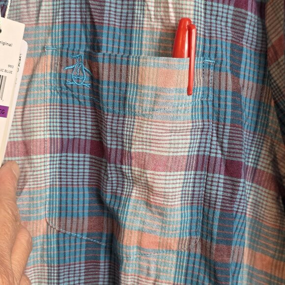 Original Penguin Shirt Mens 2XL Blue Pink Plaid Button Down Mosaic EcoVero Logo - Picture 9 of 16